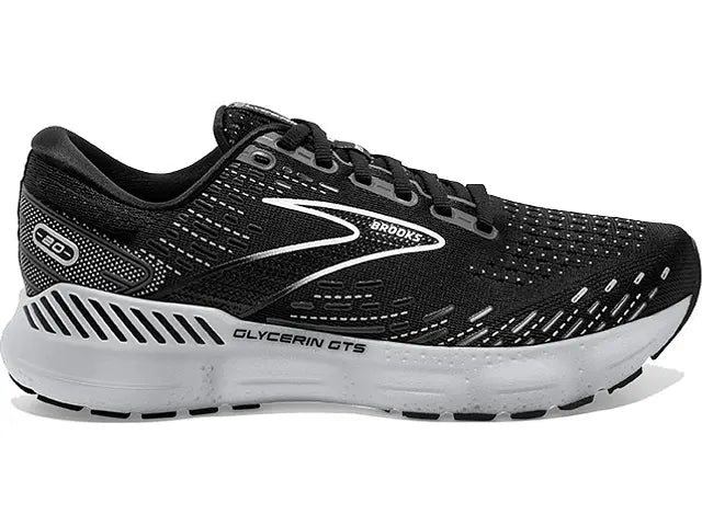 Women's Brooks Glycerin GTS 20, Black/White/Alloy, 8 D Wide