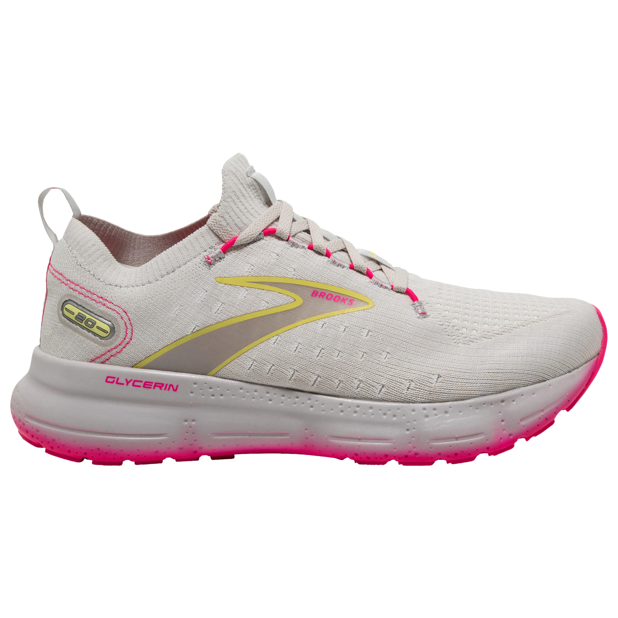 Women's Brooks Glycerin StealthFit 20, Grey/Yellow/Pink, 7.5 B Medium