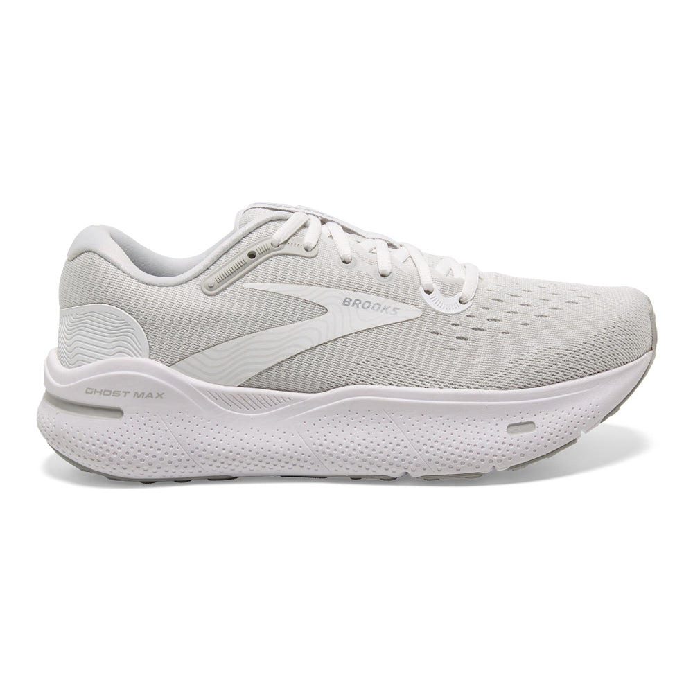 Men's Brooks Ghost Max, White/Oyster/Metallic Silver, 7.5 2E Wide