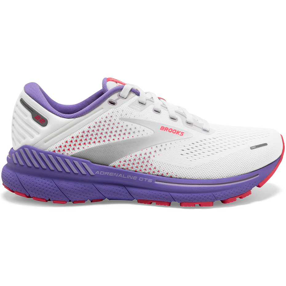 Women's Brooks Adrenaline GTS 22, White/Coral/Purple, 10 B Medium