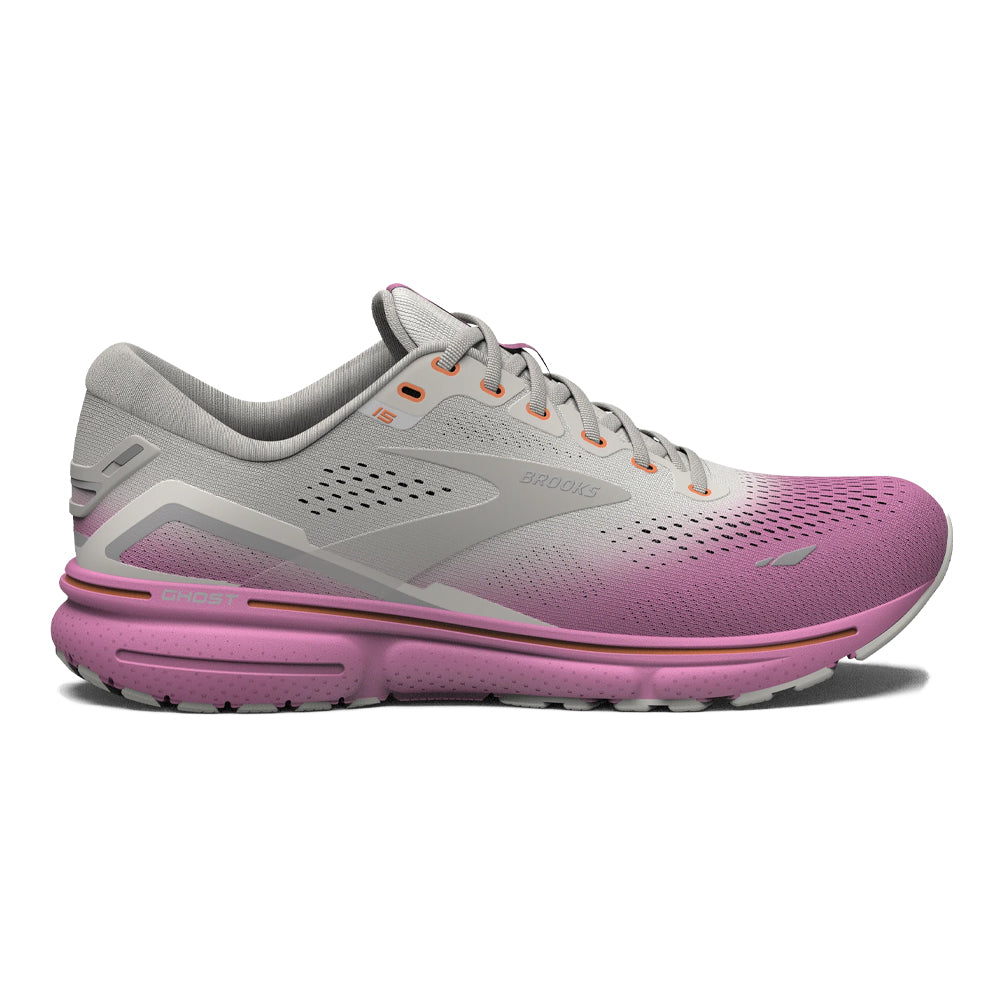 Women's Brooks Ghost 15, Grey/Coconut/Fuchsia, 8.5 B Medium