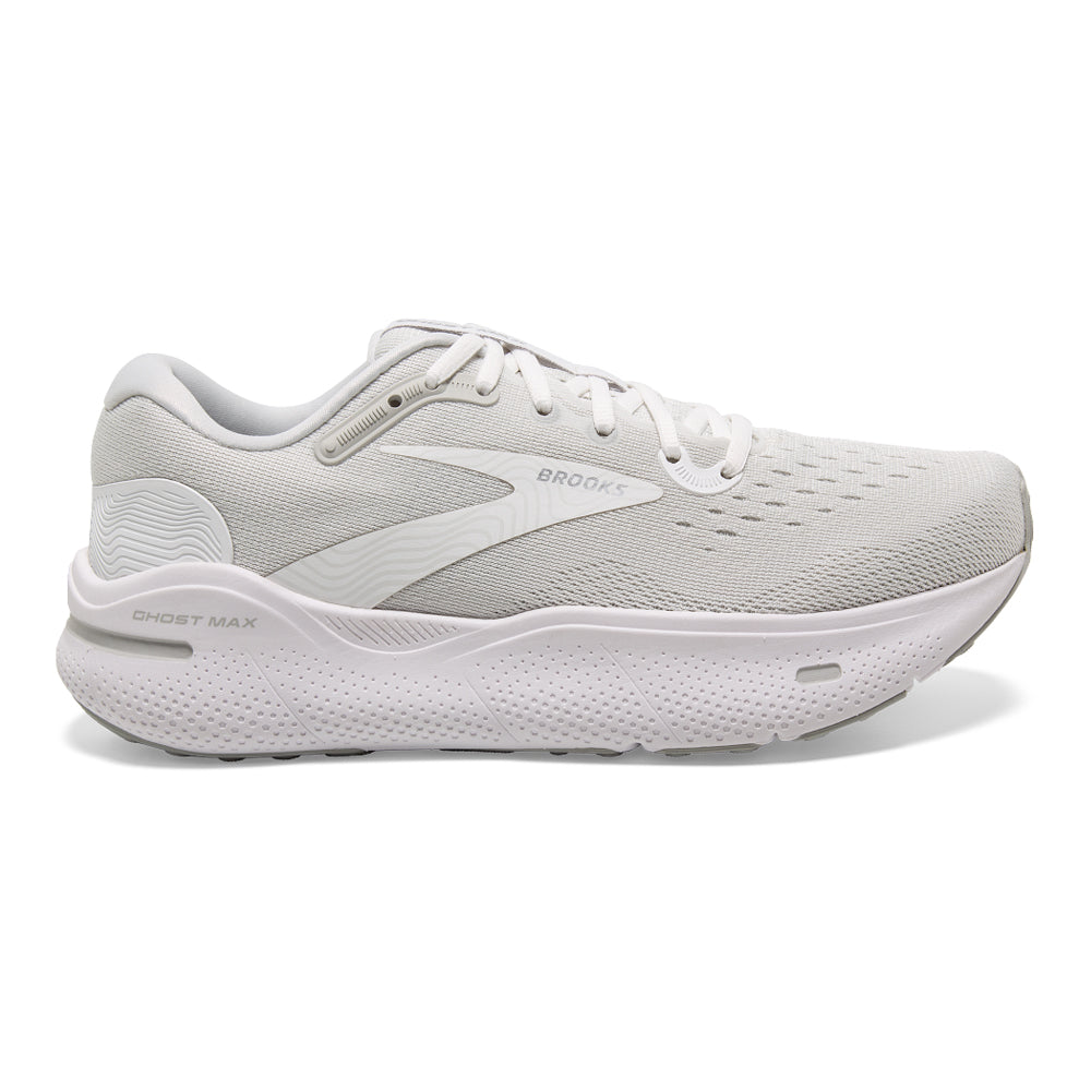 Women's Brooks Ghost Max, White/Oyster/Metallic Silver, 9.5 B Medium