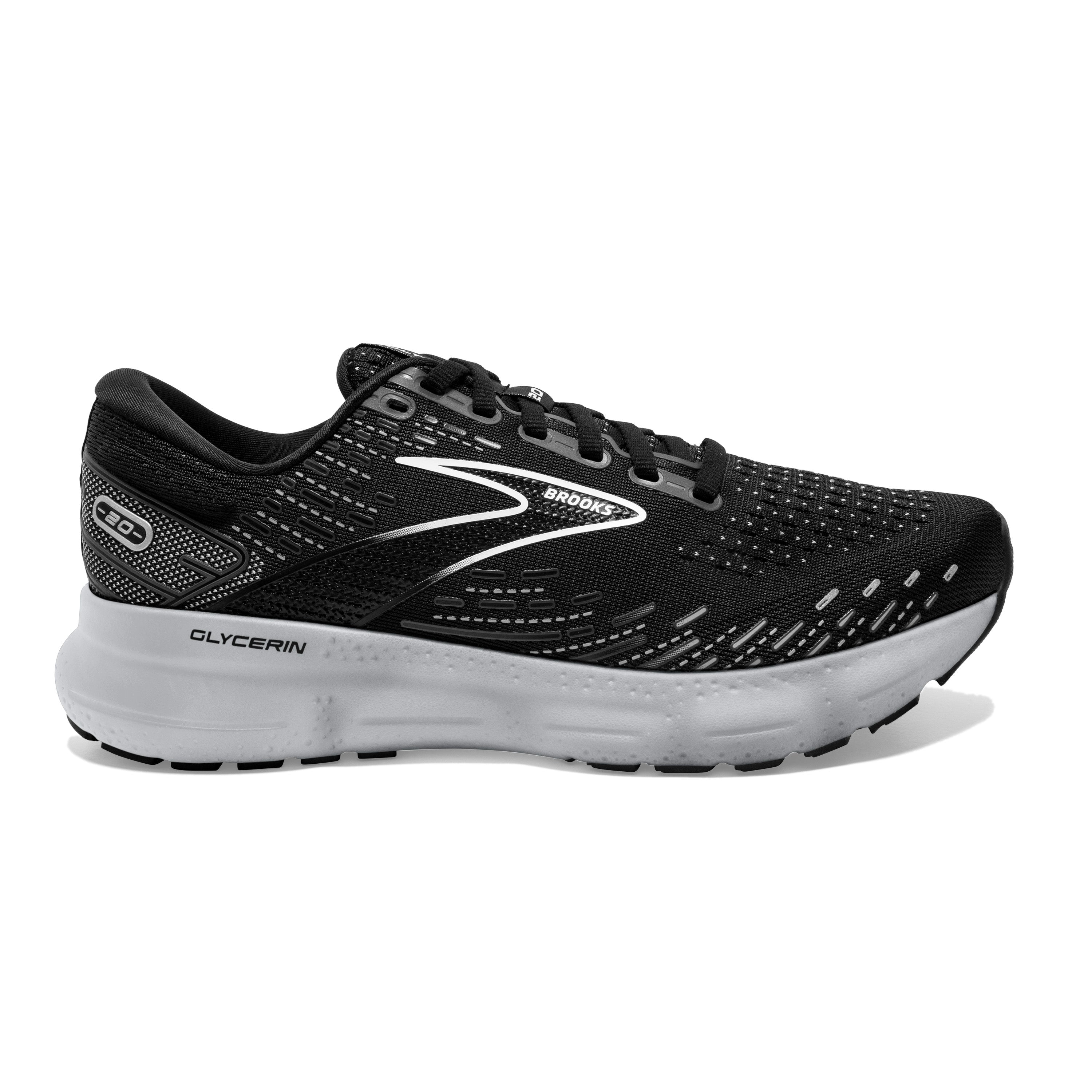 Women's Brooks Glycerin 20, Black/White/Alloy, 6.5 D Wide
