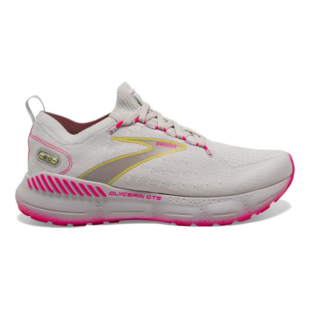 Women's Brooks Glycerin StealthFit GTS 20, Grey/Yellow/Pink, 8 B Medium