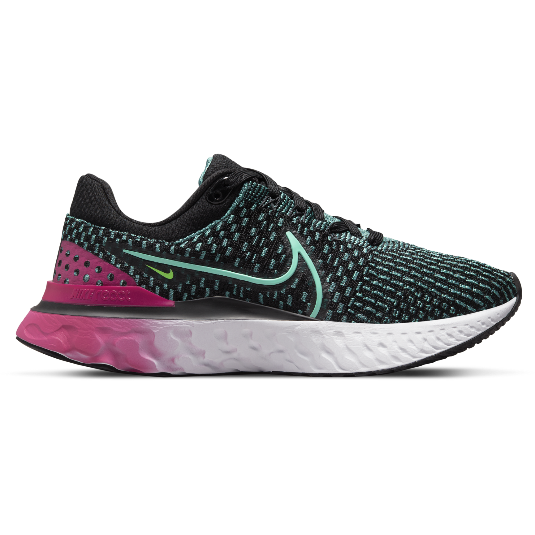 Women's Nike React Infinity Run Flyknit 3, Black/Dynamic Turquoise-Pink Prime, 9.5 B Medium
