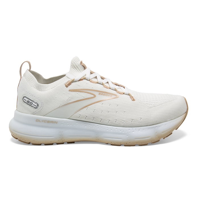 Women's Brooks Glycerin StealthFit 20, White/Khaki, 10 B Medium