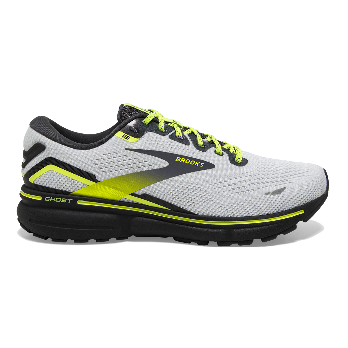 Women's Brooks Ghost 15, White/Ebony/Nightlife, 7.5 B Medium